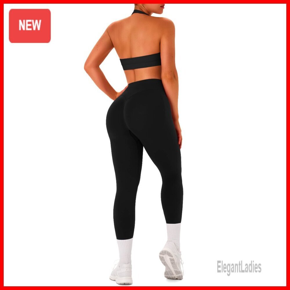 Seamless Scrunch Butt Leggings Padded Halter Sports Bra Workout Set
